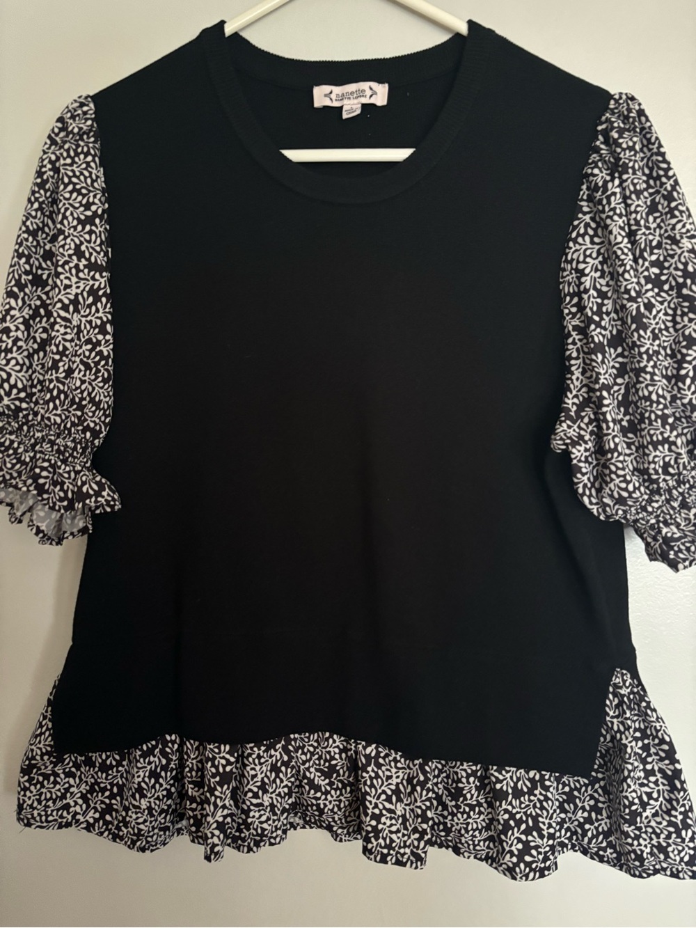 Nanette Lepore Black Knit Top with Black-and-White Floral Puff Sleeves
